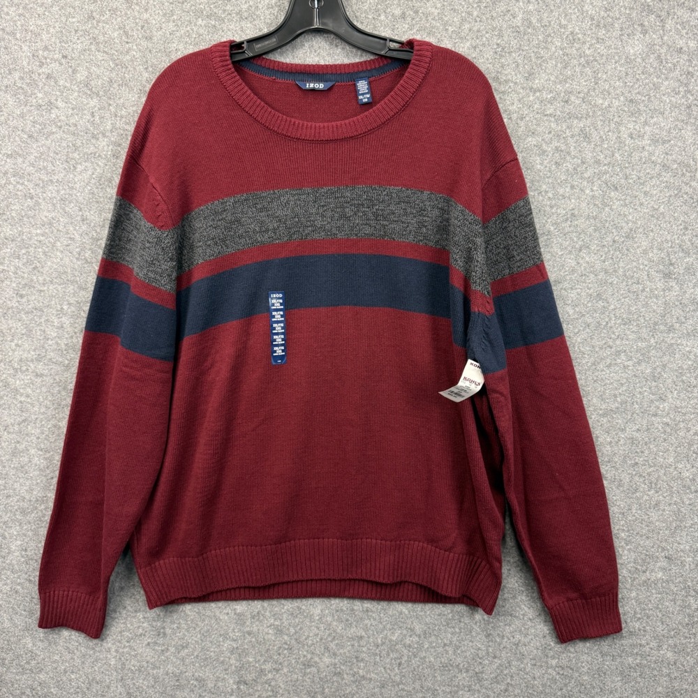 IZOD Mens Striped‎ Crewneck Sweater Dark Red Navy Gray XXL IZFGF50R NEW